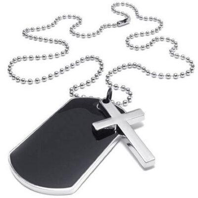 

Hpolw Army Style Dog Tag Cross Pendant Mens Necklace, Color Black Silver, 27 inch Chain