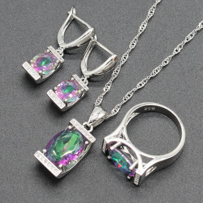 

Multicolor Stone Silver Plated Jewelry Sets for Women Necklace Dangle Earrings Ring Four Colors Available Free Jewelry Box