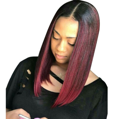 

T1B99J Burgundy Ombre Short Bob Lace Front Human Hair Wigs With Dark Roots Glueless Wig Bleached Knots For Ladies