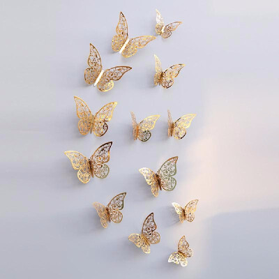 

12pcsset 3D Butterfly Wall Stickers Removable Mural Stickers DIY Art Wall Decals Decor with Glue for Bedroom Wedding Party--Silve