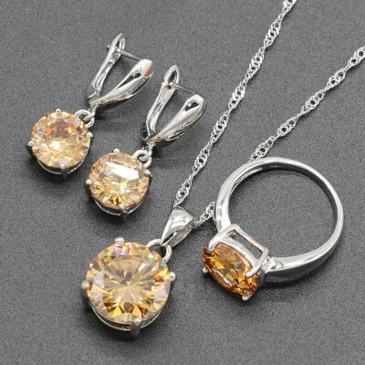 

Pink Stone Silver Plated Wedding Jewelry Sets for Women Necklace Drop Earrings Ring Eight Colors Available Free Jewelry Box