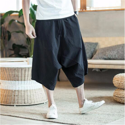

Mens wide crotch harem pants loose summer large cropped trousers wide-legged bloomers Chinese style flaxen baggy