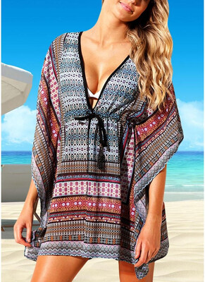 

2018 Women Beach Cover Up Dress Bohemian Geometric Print V-Neck Loose Swimwear