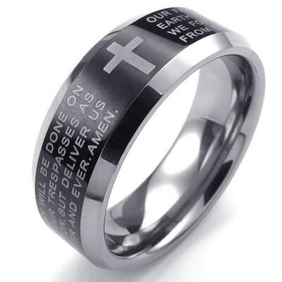 

Hpolw Mens Tungsten steel Black&Silve cross Ring Carved with sacred Fu WenEnglish Lords Prayer fashion ring