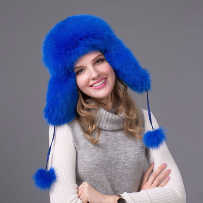 

FURART hot warm autumn&winter female Fox fur bomber hat snow cap fur womens hat ladies leather ear caps