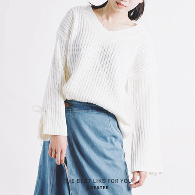 

2018 Winter&Spring New V-neck Collar Lacing Long Sleeve Slit Bow Tie Knit Thin Sweater Women Black Pullover