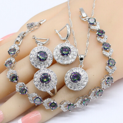 

925 Silver Wedding Jewelry Sets For Women Multi Color Rainbow Topz Bracelet Earrings Necklace Pendant Rings