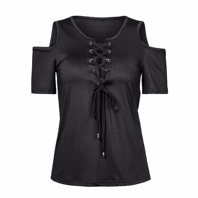 

Womens Short Sleeve Cold Shoulder Deep V Low-Cut Lace-up Tees Strappy tunic Sexy tops