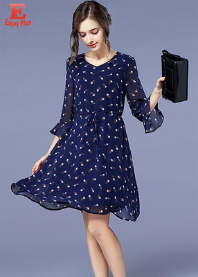 

L XL XXL 3XL 4XL 5XL plus size elegant new summer autumn 2018 women chiffon dress 34 sleeve big size blue star print slim A line