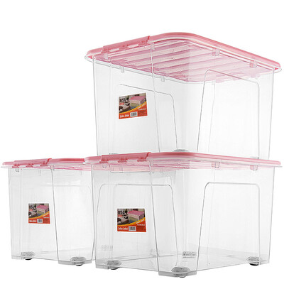 

JEKO&JEKO plastic transparent storage box extra large 85L 3 Pack storage box clothes toy storage box quilt pulley storage box pink cover SWB-5250