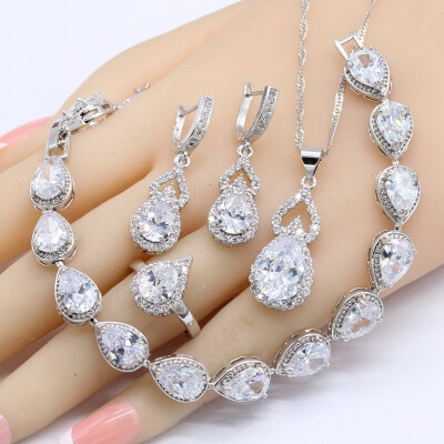 

White Topaz 925 Silver Jewelry Sets Women Birthday Gift Bracelet Earrings Necklace Pendant Rings Gift Box