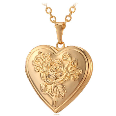 

Locket Rose Flower Jewelry Valentines Gift For Women 18K Real Gold Plated Vintage Photo Box Romantic Heart Pendant Necklace