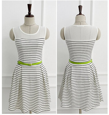 

Womens Chiffon Patchwork Cotton Dress With Belt Striped Sleeveless Dress