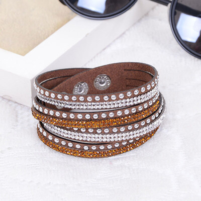 

MyMei Crystals 2 wrap Layers Around PU Leather Adjustable Bracelet New Fashion
