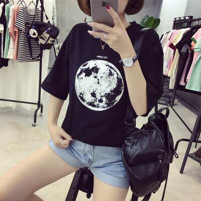 

Summer New Personality Planet Moon Printed Loose T Shirts Women Short Sleeve White T-shirt