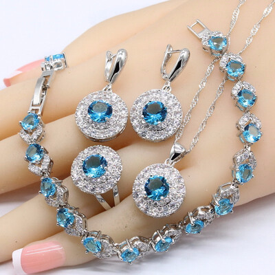 

Round Light Blue White Topaz 925 Silver Jewelry Sets For Women Bracelet Earrings Necklace Pendant Rings