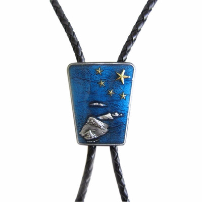 

Vintage Original Gold Stars Blue Enamel Flag Map Bolo Tie Leather Necklace