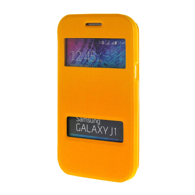 

MOONCASE Side Flip Hard board Slim Leather Bracket Window Case Cover for Samsung Galaxy J1 Yellow