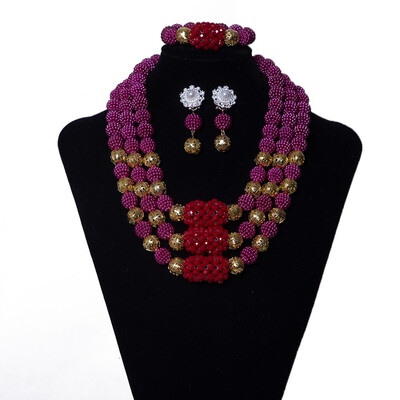 

Purple Bridal Necklace African Jewelry For Women Set Dubai Gold Plated Ball Wedding Beads Jewelry Handmade India Bridal Jewelry