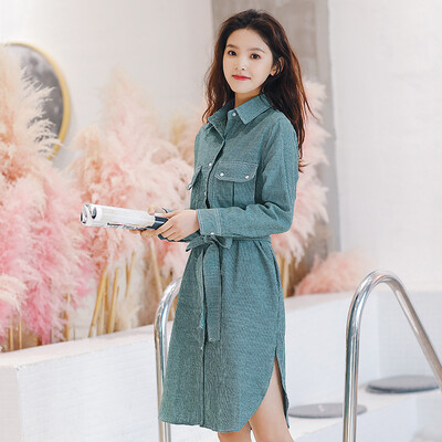 

Yu Zhaolin 2018 autumn new Korean version of loose students wild striped long shirt skirt female YWQZ8160 green