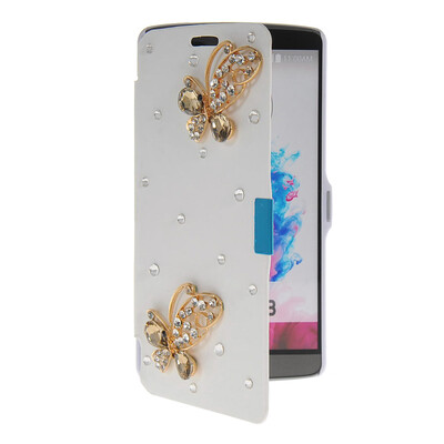 

MOONCASE Bling Rhinestone Crystal Ultre Slim Leather Side Flip Wallet Shell Back Case Cover for LG G3 White