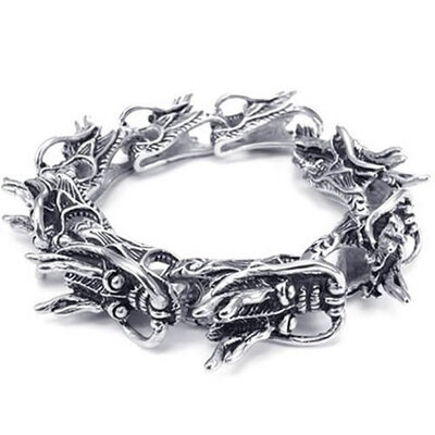 

Hpolw Heavy Wide Stainless Steel Gothic Dragon Biker Mens Bracelet Black Silver 9 Inch