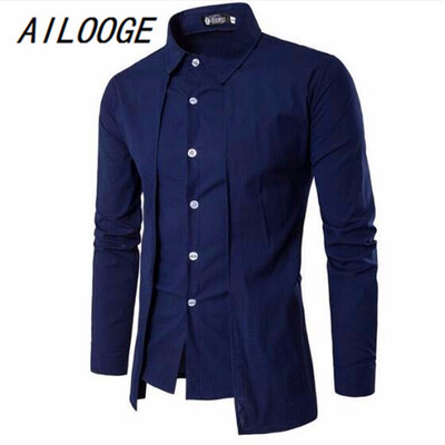 

MenS Shirts 2018 Long-Sleeved Casual Fake Two Pieces Chemise Homme Solid Arrival Dress High Quality MenS Shirts XXL