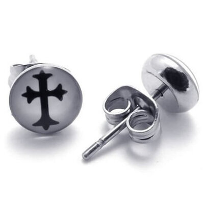 

Hpolw 2pcs Trendy Stainless Steel Unisex Mens Cross Stud Earrings 1 Pair Silver Black