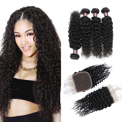 

Хорошее качество Kinky Curly Hair With Closure 4 Bundles 7A Бразильские кудрявые завитые волосы Virgin с закрытием 100% человеческих волос