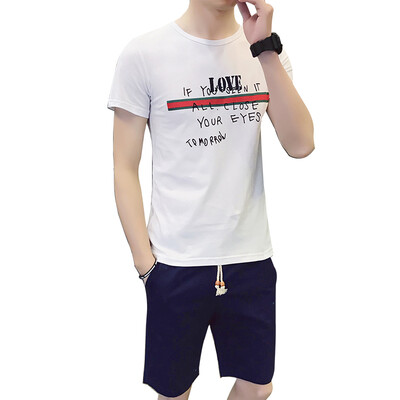 

Damaizhang Brand Men Summer Short Sleeve Shirt With Short Pants Letter Printed Fashion T-shirt Cotton Casual Tee