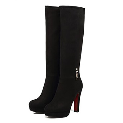

IDIFU Womens Sexy Faux Suede Almond Toe Chunky High Heel Side Zipper Platform Under the Knee High Boots Shoes