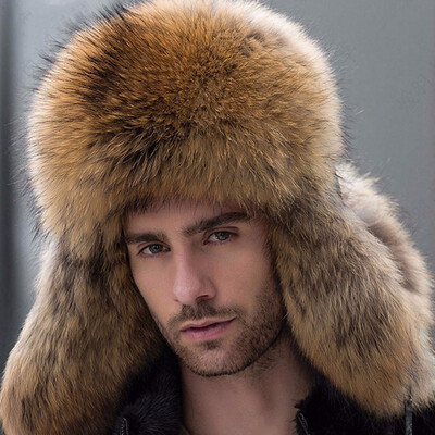 

Russian leather bomber leather hat men winter hats with earmuffs trapper earflap cap man real raccoon fur black fox hatska