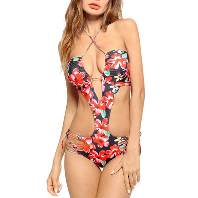 

BOFUTE New Europe United States Bikini Siamese Swimsuit Halter Print Sexy Bandage Swimsuit 0058