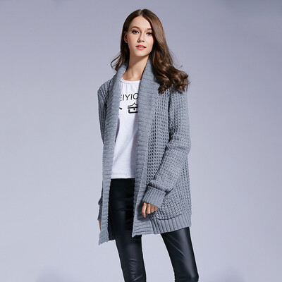 

PREISEI Autumn Winter New Women Knitwear Shirt Cardigans Grey Casual Loose V-neck Long Sleeve Knitted Medium Style Sweater Coat