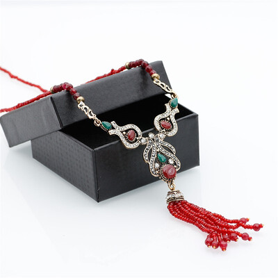 

Gorgeous Turkish Natural Stone Beads Tassels Necklace For Women Antique Gold Color Resin Pendant Long Sweater Chain Boho Bijoux