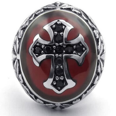 

Hpolw Mens casting Stainless Steel Crystal RingBiker Vintage Celtic Cross rubies ringRed Black Silver