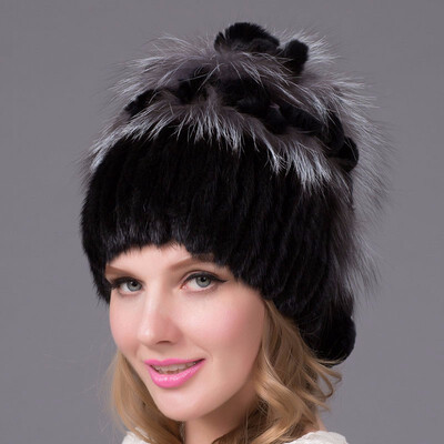 

Real mink cap women with fur lining knit cap knitted with puffed rugs Russian style fox fur mink fashion knitted hats good quali