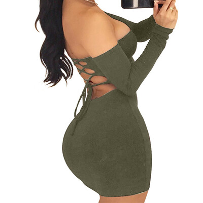 

Fashion Women Sexy Bodycon Mini Dresses Solid Long Sleeved Wrap Keyhole Hollow Mini Club Party Hip Package Evening Dress