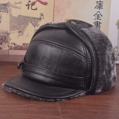 

2018 New Men Earmuffs Genuine Leather Faux Fur Baseball Caps Thicken Warmer Winter Male Flat Hats Real Cowhide Gorras B-7278