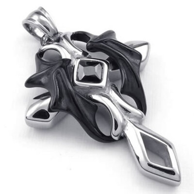 

Hpolw Mens Cool New Design Stainless Steel Black Crystal Cross CZ Pendant Jewellery Necklace