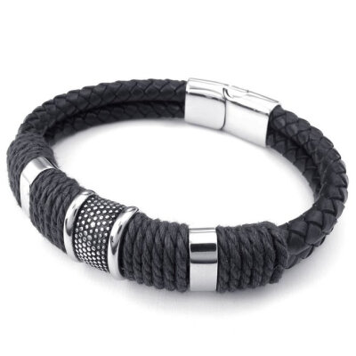 

Hpolw Mens Leather Stainless Steel Bracelet Braided Cuff Bangle Black Silver - 8 85 9 inch