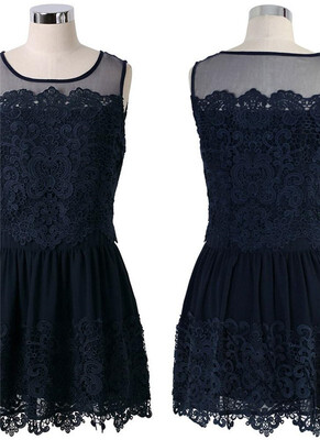 

New Sweet Crochet Patchwork Mesh Round Neck Sleeveless Slim Mini Lace Dress 2018