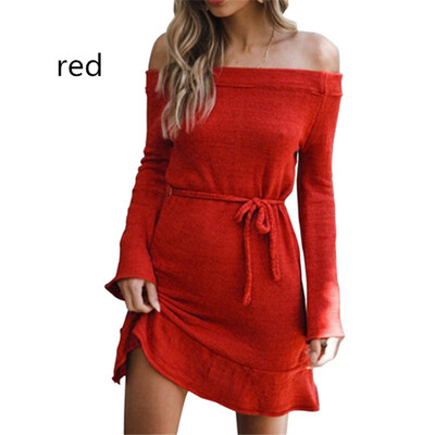 

2018 Womens Long Sleeve Casual One Word Collar Dress Sweater Skirt
