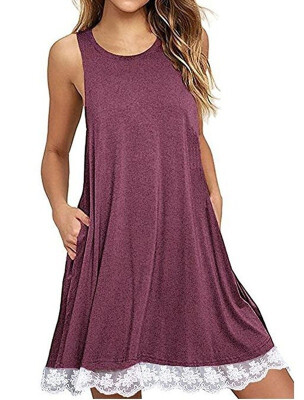 

Summer Women Casual Round Neck Solid Color Loose Sleeveless Beach Tank Top A-line Pocket Dress Sexy Short Club Party Mini Hal