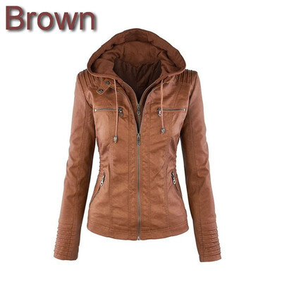 

Womens Leather Jacket Removable Lapel Long-sleeved Solid Color Zipper