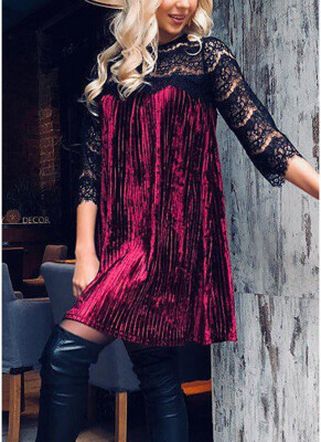 

Sexy Women Lace Crushed Velvet Mini Dress Lace Splicing Half Sleeve Evening Party Cocktail Shift Dress Homecoming Dress