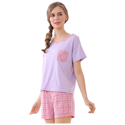 

Red beans home pajamas ladies soft cotton lattice cartoon short sleeve family parent-child couple home service suit purple 170 92A