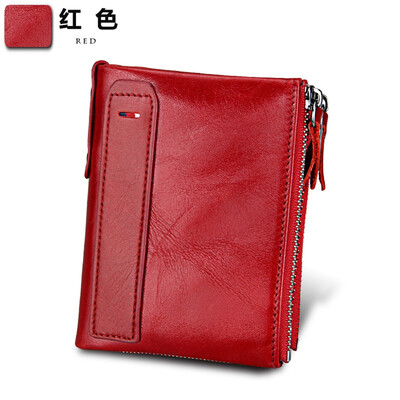 

Crazy Horse Leather Mens Wallet Leather Short Anti-RFID Pirate Brush Mens Wallet Double Zip Wallet