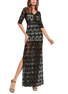 

Hollow Out Crochet V Neck Half Sleeve Thigh Slit Maxi Dress Homecoming Dress