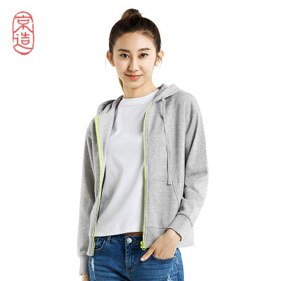 

JZAO Womens sweaters US cotton sports fast open zipper hooded couple models flower gray fluorescent green zipper S